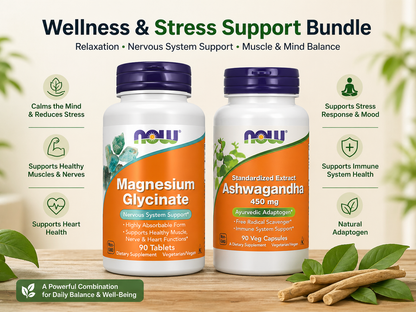NOW Magnesium Glycinate + Ashwagandha Bundle (Stress & Relaxation Stack)